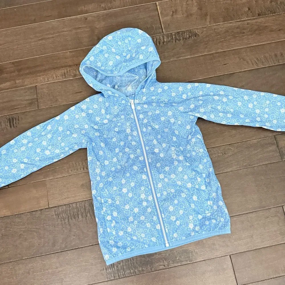 Lands’ End Rain Jacket Coat Full Zip Blue Floral Girls Kids M 5/6 Hooded Hoodie